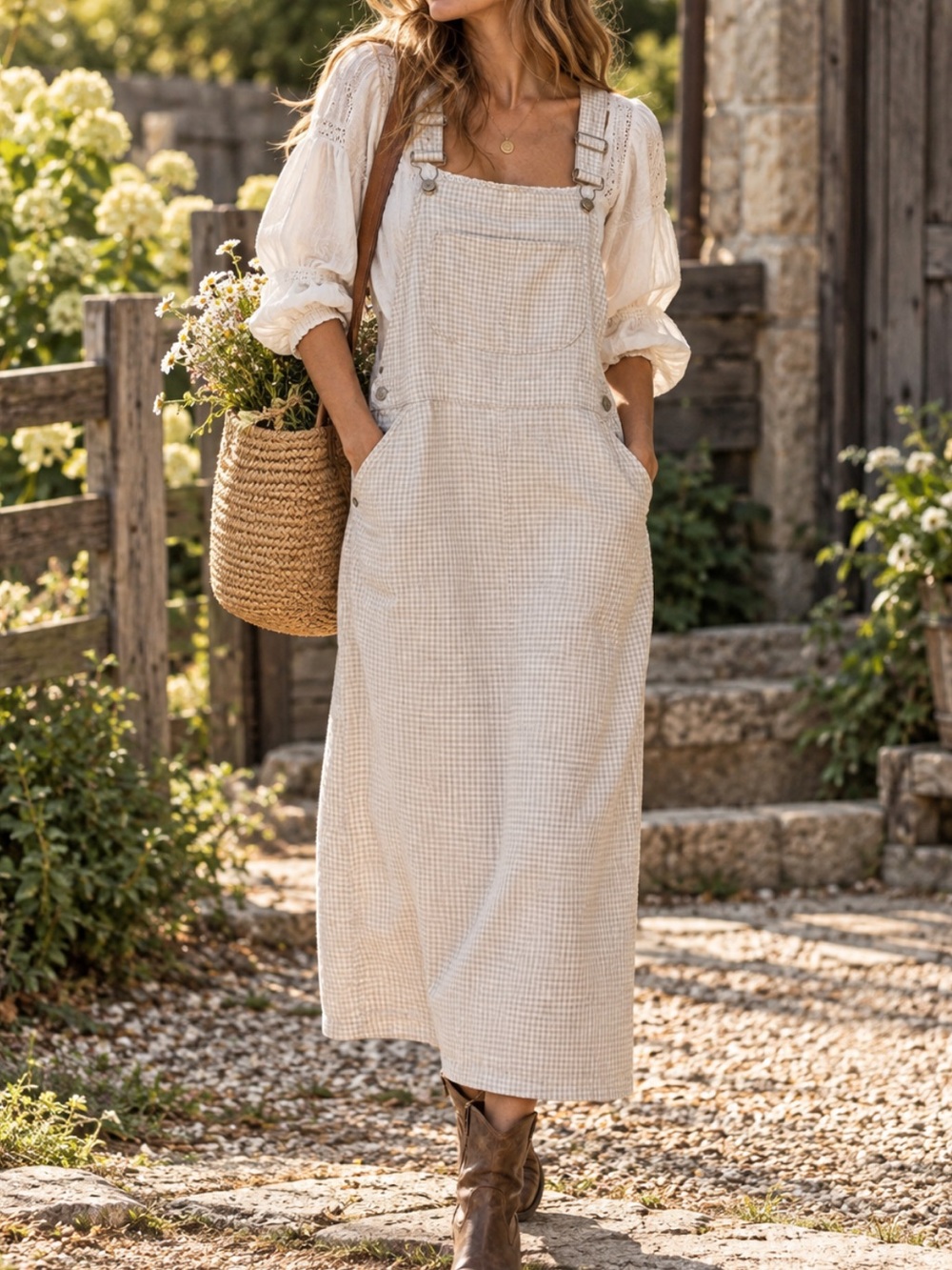 Match Vintage Linen Cottagecore Cream Gingham Overall Maxi Dress